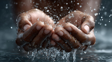 Fototapeta premium Hands water droplets splash skin closeup cupped dark wet refreshing clean liquid purity light particles Hands cupped together