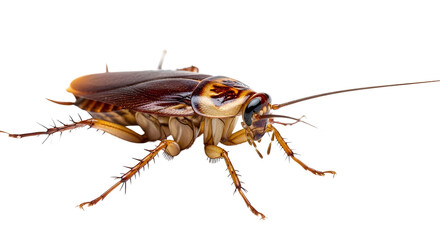Brown American cockroach insect pest with antennae and legs, isolated on white