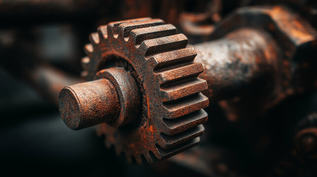 susceptibility. A rusted mechanical gear assembly with one jammed gear, metallic textures, industrial aesthetic. safety posters.