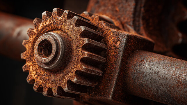susceptibility. A rusted mechanical gear assembly with one jammed gear, metallic textures, industrial aesthetic. safety posters.