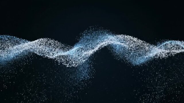 Abstract flowing wave of small particles on dark background, digital animation