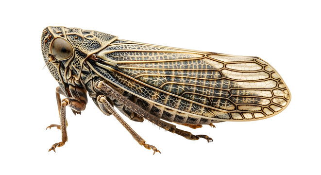 Detailed cicada insect on white background, macro leafhopper bug with intricate wing patterns, brown and gold cicada isolated on transparent background
