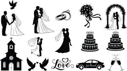 Collection of black wedding silhouette including couples cakes church car doves rings and champagne