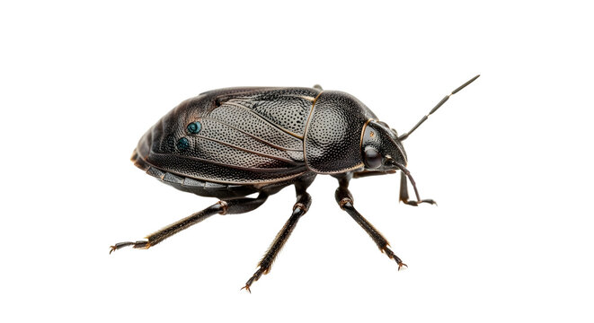 Black beetle insect isolated on white background, macro photography of a shield bug, detailed chitinous shell of a dark beetle, side view of garden pest