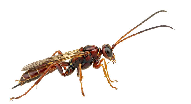 Ichneumon wasp isolated on white background, parasitic wasp with long antennae and ovipositor, brown flying insect macro photography