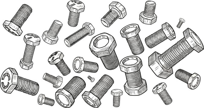 Collection of various hexagonal head machine screws and bolts scattered randomly as an industrial hardware pattern on white background