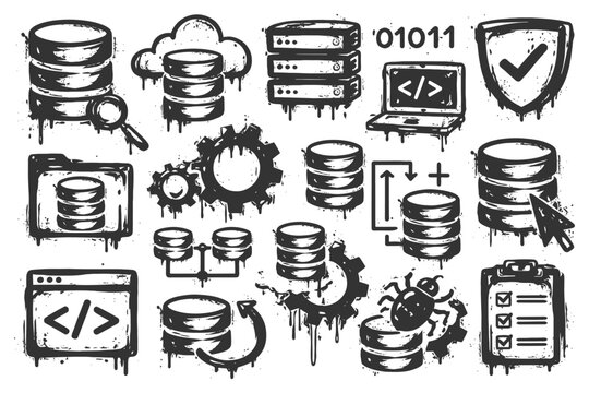 Grunge-style database and coding icons set with binary and cloud elements.