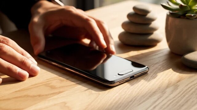 Close-up of a hand interacting with a smartphone on a wooden surface, with zen stones & plant