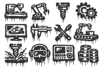 Obraz premium Industrial icon set: machines, tools, and components in grunge style.