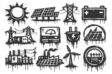 Fototapeta premium Grunge energy icons: solar, wind, battery, power lines collection.