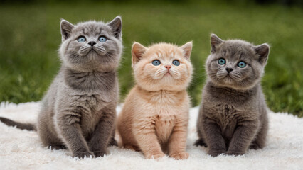 Three kittens sitting together outdoors on soft blanket © Liakhomtsev