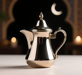 Arabic coffee pot (dallah) used during Ramadan evenings, reflective metal surface