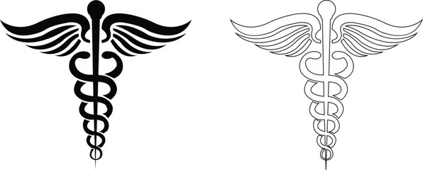 Medical snake and caduceus star of life icons set with pharmacy and healthcare symbols in flat and line style, isolated on transparent background, medical icon collection group