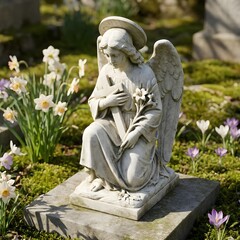 angel statue on grave with spring flowers