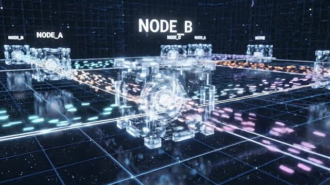 Futuristic digital nodes interconnected with data streams on a grid-like surface. Futuristic technology