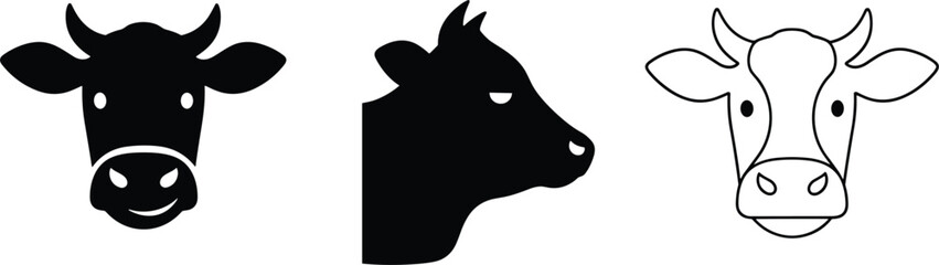 Cattle and bull head illustration set featuring solid black silhouettes and minimalist line art outlines for farm and livestock branding. © MstBabli