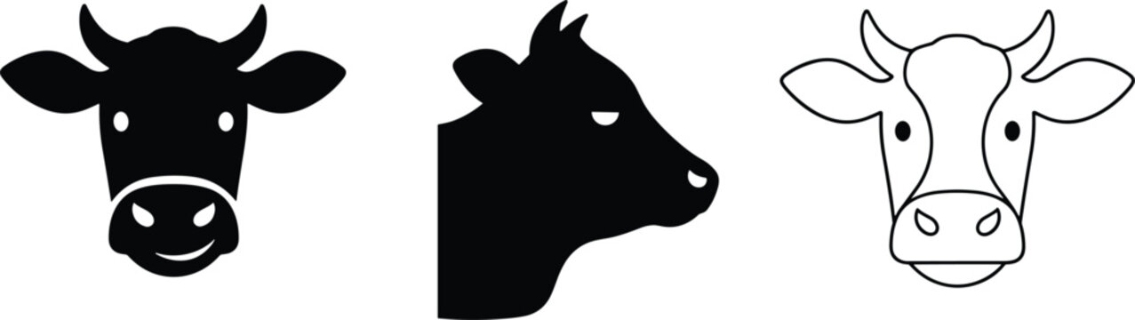 Cattle and bull head illustration set featuring solid black silhouettes and minimalist line art outlines for farm and livestock branding.