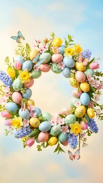 Colorful Easter wreath made of eggs and spring flowers slowly rotates as butterflies flutter around it against a pastel sky.