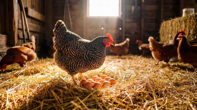 Farm Hen in Sunlit Barn with Fresh Eggs and Hay for Rustic Agricultural Scene