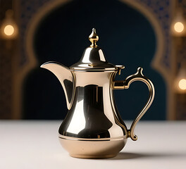 Arabic coffee pot (dallah) used during Ramadan evenings, reflective metal surface