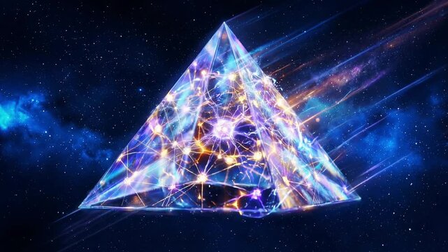 A luminous crystal pyramid with electric energy and glowing lines moves closer through a cosmic background. Sci-fi animation with a mystical and futuristic vibe.