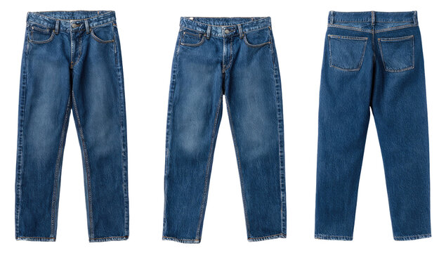 Three-view flat lay of blue denim jeans showcasing front, angled, and rear perspectives