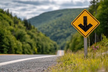 A rural asphalt road winds through a forested mountain landscape with a warning sign