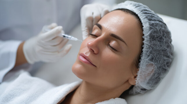 A woman relaxes while receiving cosmetic injections, showcasing a natural approach to beauty and wellness in a modern clinical setting designed for aesthetic procedures.