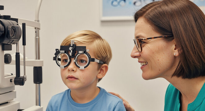 Young boy having eye exam with trial frame at optometry clinic. Female eye doctor smiling at child patient. Vision care and pediatric healthcare concept
