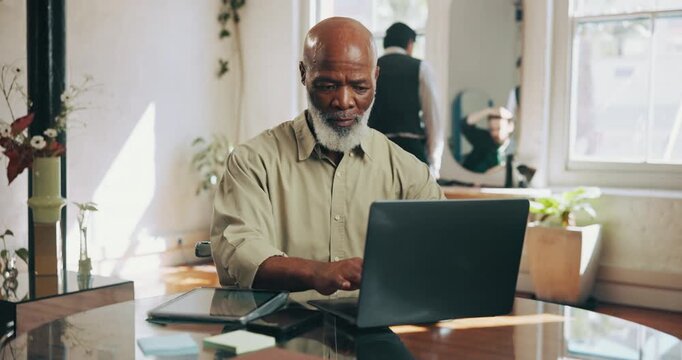 Hairdresser, barber and business man on laptop for online inventory, manage schedule and appointments. Startup, salon and person on computer for planning, calendar and website for booking service