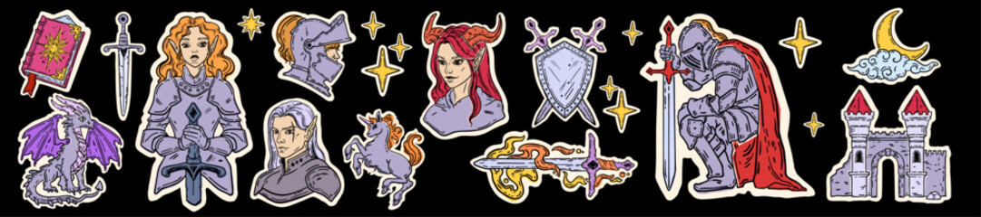 Obraz premium Fantasy sticker set, medieval magic fairytale doodle illustration, hand drawn mystic character art. Vintage knight armor, female warrior face, dragon, RPG game badge graphic. Fantasy sticker print