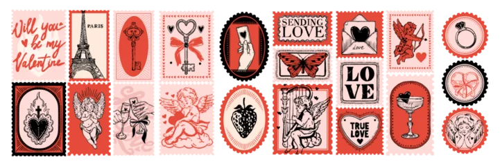 Fotobehang Karaktertjes Love Valentine day mail stamp, hand drawn doodle romantic postal print, holiday whimsical badge set. February greeting vintage postmark, retro amore envelope decor. Love stamp postcard  cupid patch  © Oleksandra
