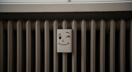White radiator with winking smiley face device. Friendly character on home heating system. Concept of comfort and warmth in house