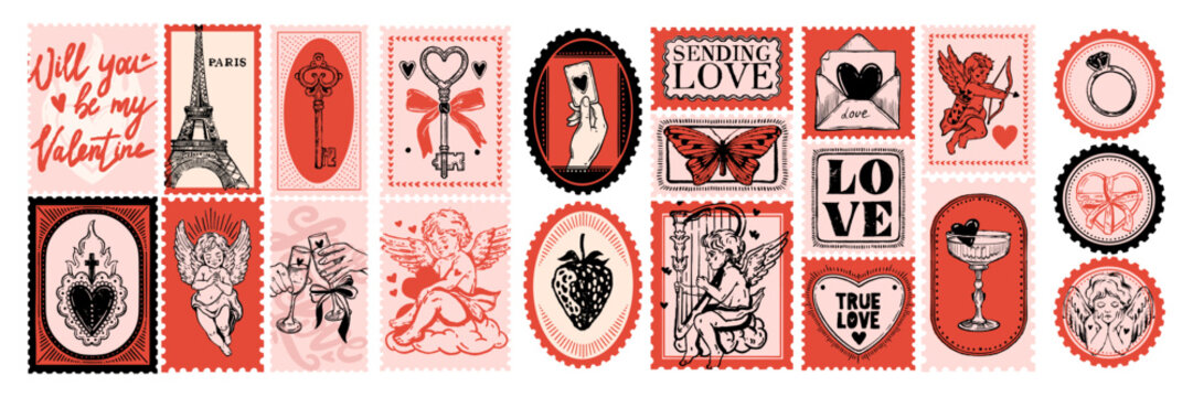 Love Valentine day mail stamp, hand drawn doodle romantic postal print, holiday whimsical badge set. February greeting vintage postmark, retro amore envelope decor. Love stamp postcard  cupid patch