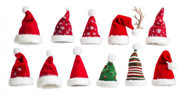 A vibrant collection of red Christmas Santa Claus hats neatly arranged against a pure white background. The hats boast luxurious white fur trims and playful pompoms, showcasing a variety of styles