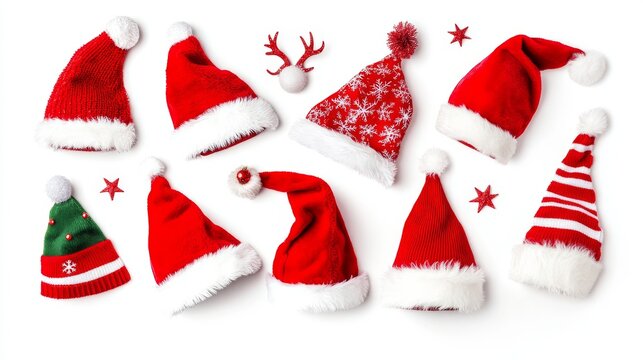 A vibrant collection of red Christmas Santa Claus hats neatly arranged against a pure white background. The hats boast luxurious white fur trims and playful pompoms, showcasing a variety of styles
