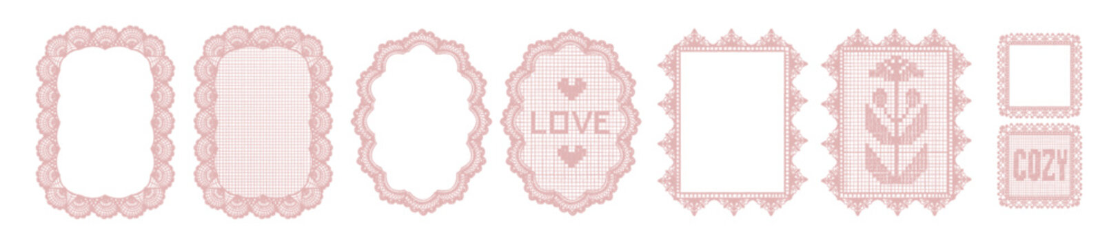 Napkin frame set, hand drawn romantic crochet doily border, holiday lace decoration coquettish print. Elegant whimsical pink design object, doodle coquettish background. Valentine love napkin frame