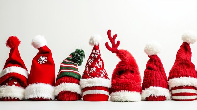 A vibrant collection of red Christmas Santa Claus hats neatly arranged against a pure white background. The hats boast luxurious white fur trims and playful pompoms, showcasing a variety of styles