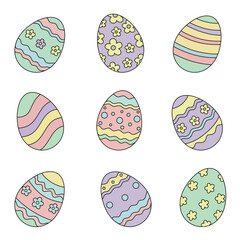 Easter Egg Clipart Set, Pastel Decorative Eggs with Flowers and Stripes, Hand Drawn Cartoon Easter Collection