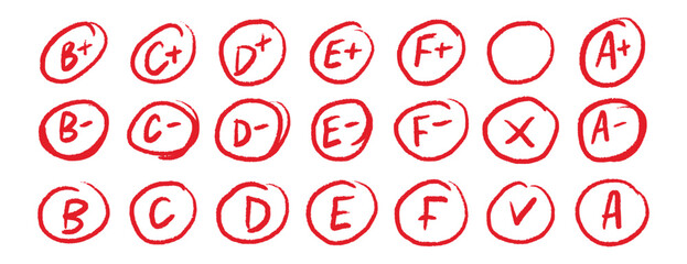 Hand drawn school grade circles red marks set educational design