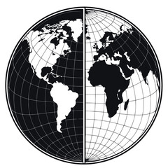A black and white vector illustration of a globe with grid lines