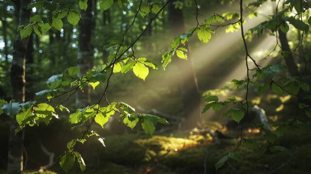 Sun rays shining through green forest leaves, peaceful morning nature background