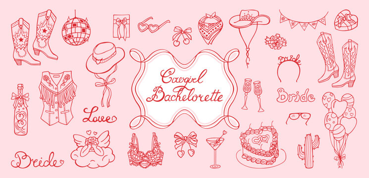 Hand drawn cowgirl and cowboy illustration set in coquette doodle style. Vintage whimsical western symbols with bows, boots, hats cactus. Cute retro line art playful Texas charm trendy girly aesthetic