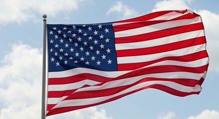Obraz premium Waving United States Flag with Vivid Colors Against a Clear Sky and White Clouds, Symbol of Freedom