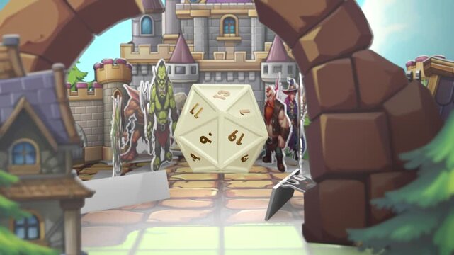 A DnD style intro with a stylized game board. A d20 cube rolls out onto the square and the number 5 appears.