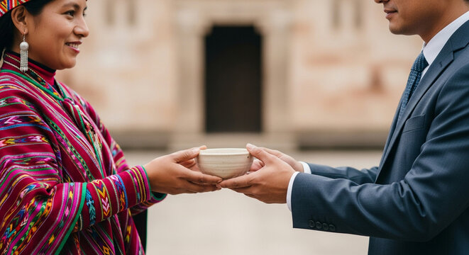 Woman in traditional Andean clothing offering bowl to businessman