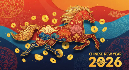 A vibrant illustration of a horse running amidst gold coins and abstract shapes celebrating the Chinese New Year 2026