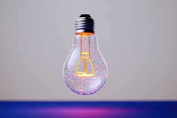 Light bulb floating above blue surface with colorful particles visible inside at daytime in a simple setting