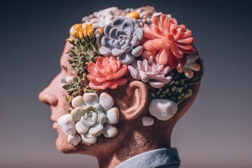 Different types of succulents placed on a model head in a creative art display during daytime