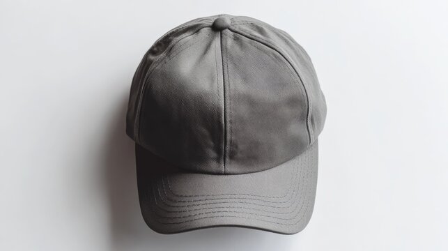 High-resolution shot capturing the top view of a minimalistic gray cotton baseball cap, highlighting the subtle texture of the fabric and the craftsmanship of the stitching, all set on a pristine